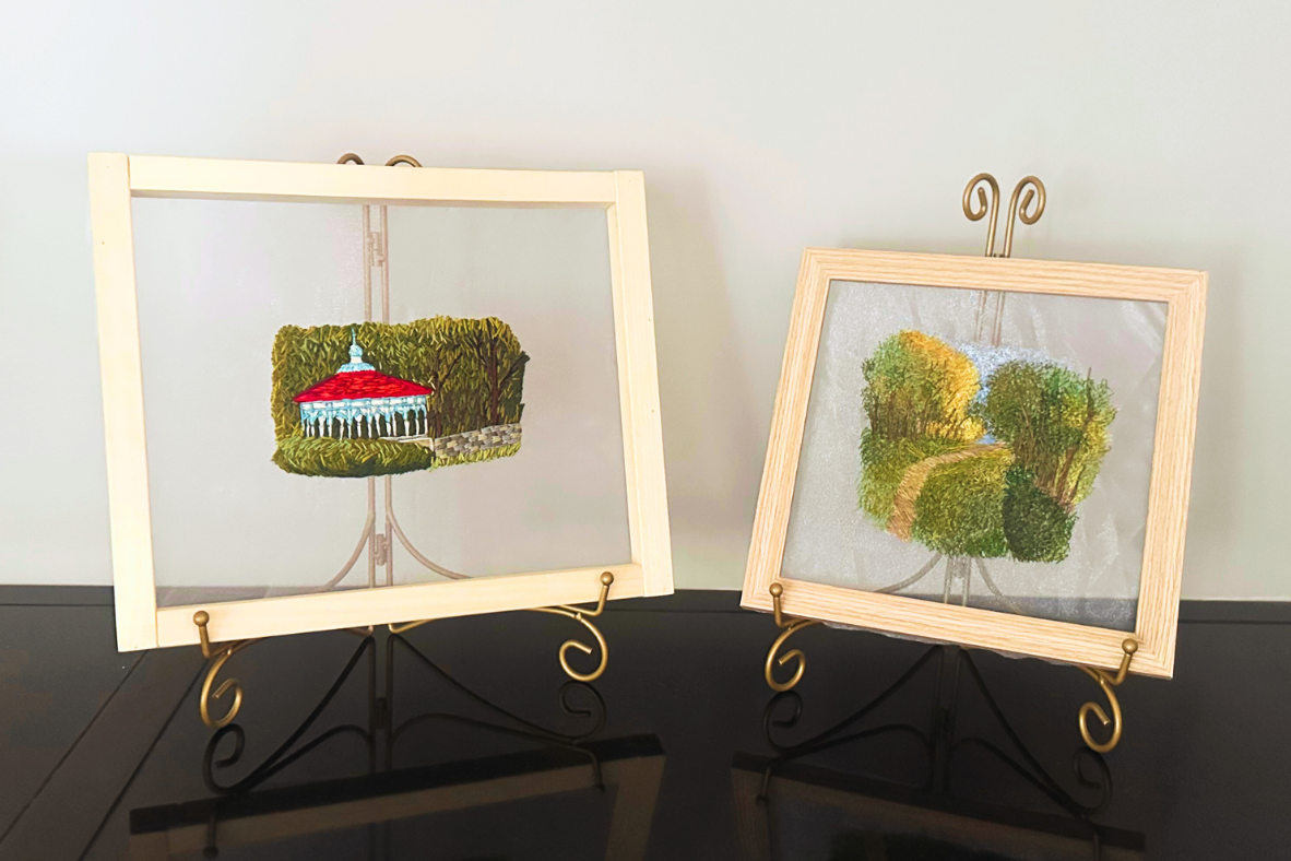 floating embroidery art | walk in the woods | hand-stitched