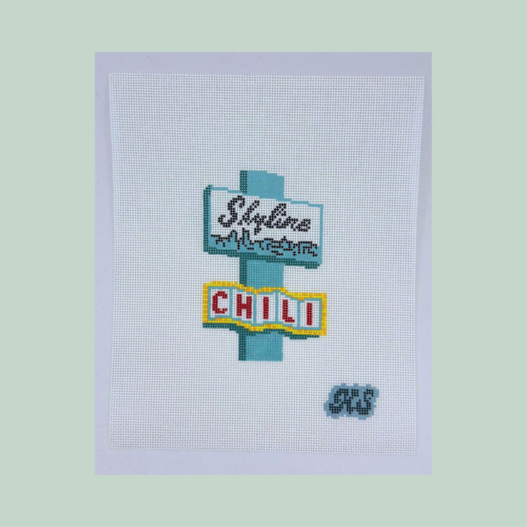 vintage skyline chili sign hand-painted needlepoint canvas