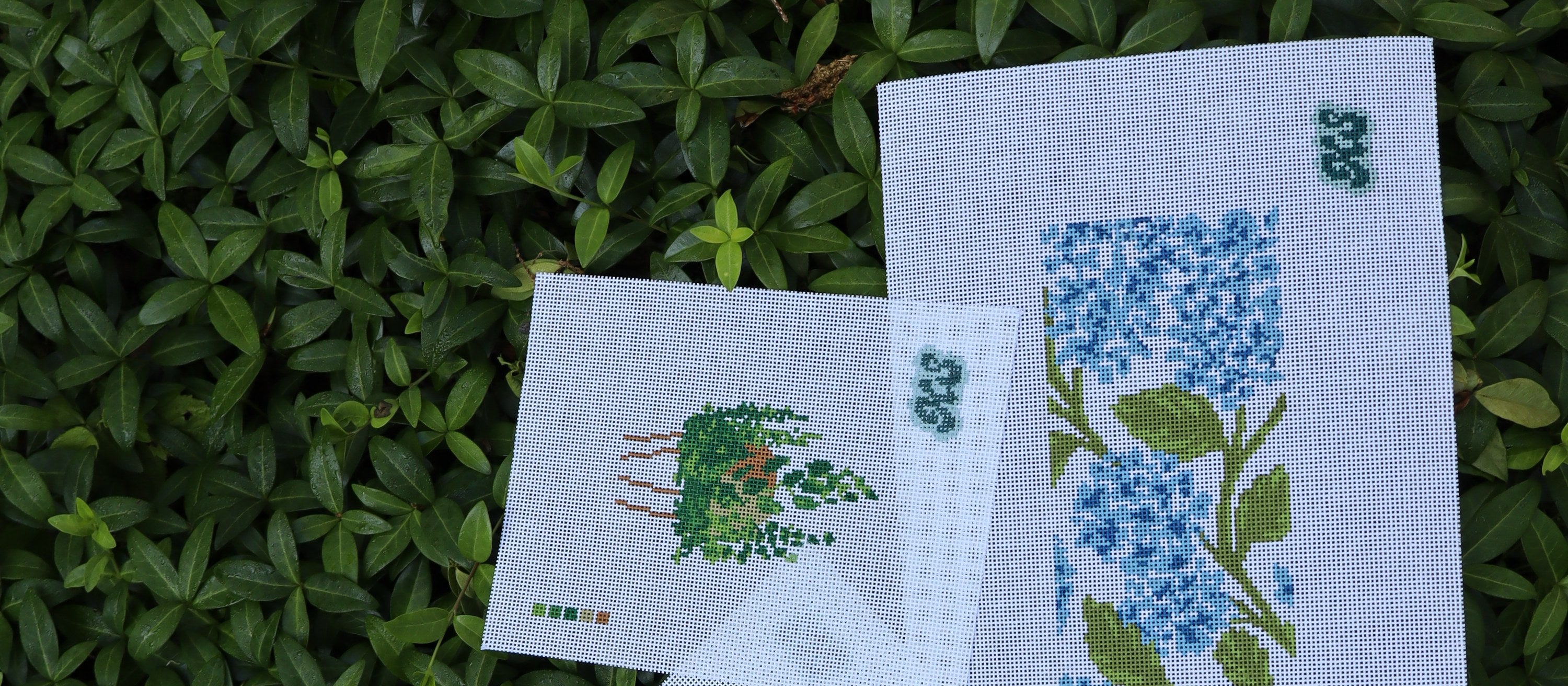 hand-painted katsett designs needlepoint canvases resting on green foliage